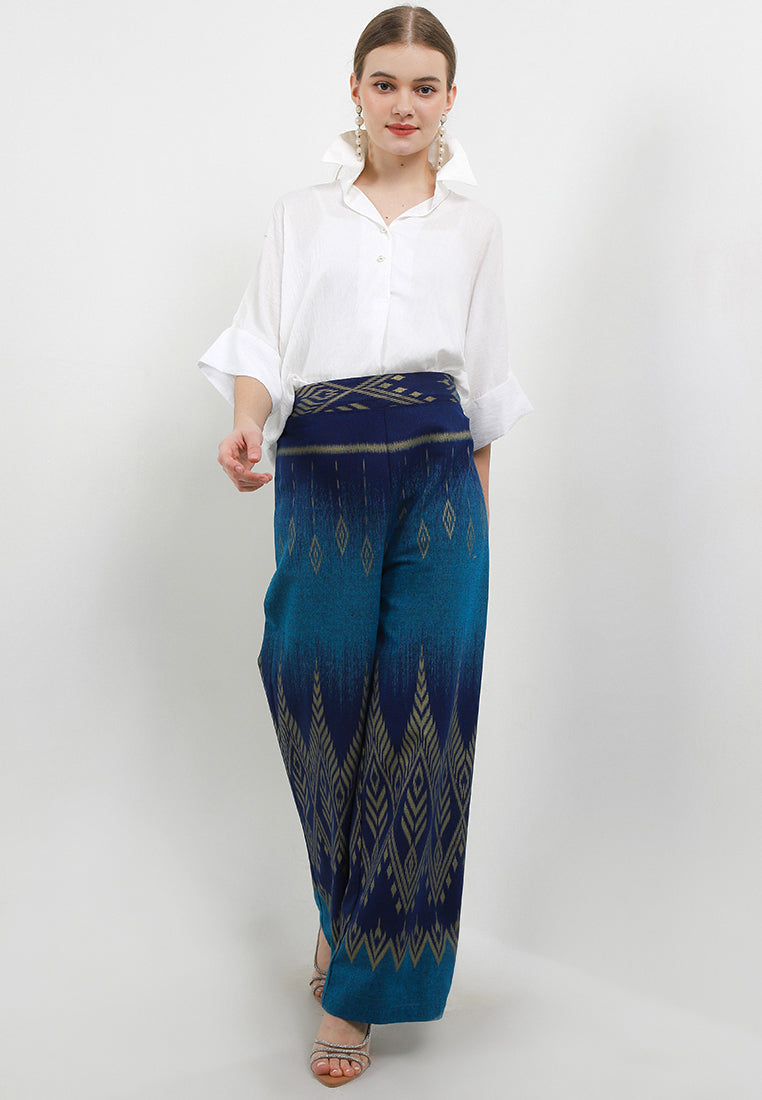 Elastic-waisted Long Pants Batik Rang2-Blue